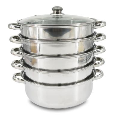 China Metal Stainless Steel Steamer 2 Layer to 5 Layer Bottom Compound Bottom Food Steamer Capped Induction Cooking Pots with Glass Lid for sale