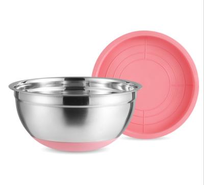 China Sustainable Colored Stainless Steel Mixing Bowl Set Non Slip Silicone Salad Bowl Nesting Bottom Storage Bowls With Lid for sale