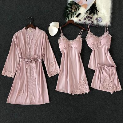 China Exquisite QUICK DRY 4 Pieces Bridal Sleepwear Available Silky Satin Bride Dressing Gown 6 Colors With Lace Applique Bridesmaid Pajamas Sets for sale