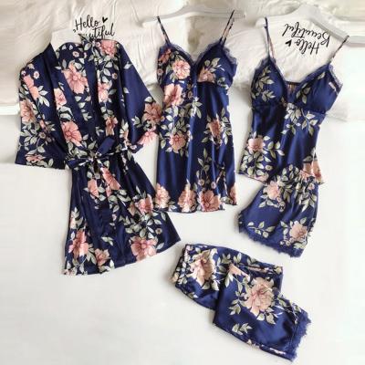 China Hot Sale QUICK DRY Printed Floral 5 Piece Nightgown With Lace Applique Bridal Party Gowns 3 Colors Available Matching Gowns To Get Ready for sale