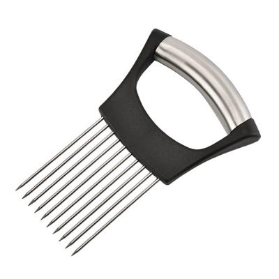 China Sustainable Stainless Steel Food Slice Onion Fork Garlic Vegetable Fruit Slicer Tomato Cutter Cutting Aid Safe Rack Kitchen Aid for sale