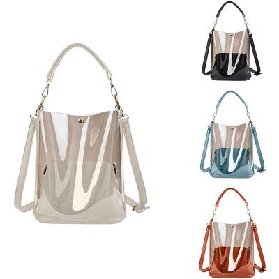 China 2+1 bags (leather zipper bag and transparent PVC tote bag) 2 in 1 ladies bag chain Jelly Transparent bag phone messenger tote bag 2021 leather shoulder bag women bucket purse and purse for sale