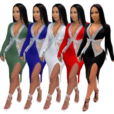 China New Arrival Anti-Wrinkle Patchwork Fashion Women Deep-V TRANSLUCENT Long Sleeve Bodycon Evening Dresses for sale