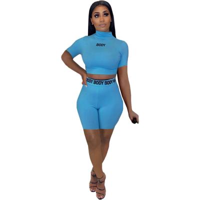 China QUICK DRY Tracksuit Women Casual Active Two Piece High Neck Short Sleeve Set Half Crop Top Skinny Shorts Suit for sale