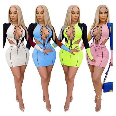 China Newest Design Patchwork Hot Colorful Bandage QUICK DRY Long Sleeve Mini Skirt Dresses Women Fashion Two Piece Set Dress for sale