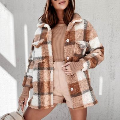 China Wholesale Warm Fashion Plush Winter Anti-wrinkle Dinner Length Brown Plaid Coat Long Coat With Chest Pockets for sale