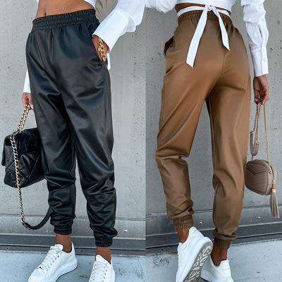 China Anti-wrinkle in high quality mid waist brown faux leather pants winter stock items autumn leather pants women for sale