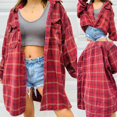 China Wholesale Autumn Fall Good Quality Anti-pilling Long Shirts Fashion Long Sleeve Red Plaid Printed Shirts For Women for sale