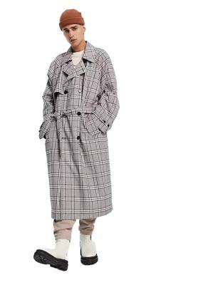 China 2021 Anti-wrinkle fit high quality oversized men's double breasted coat fashion gray checked trench coat for men for sale