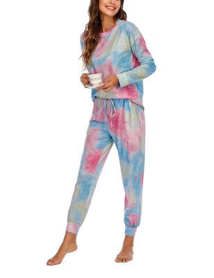 China QUICK DRY Multi Color Elastic Waist Tie Dye Cotton Pajamas Set Long Sleeve Two Piece Sleepwear Elastic Pajamas Set For Autumn for sale