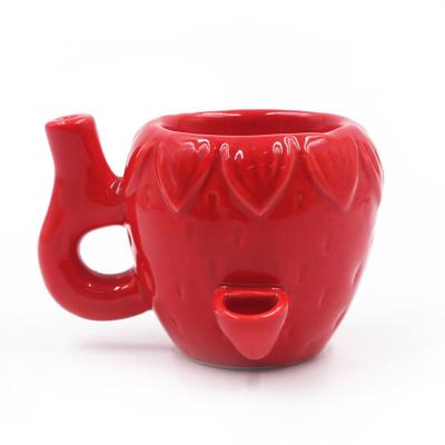 China Mug+smoking Pipe Cute Red Strawberry Ceramic Pipe Mug For Coffee Pot Cup Pipe Wake N Bake Coffee Mug Pipe for sale