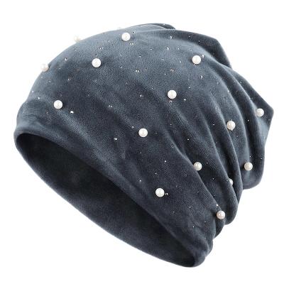 China JOINT pearl knitted 2020 solid rhinestone girl's hat shiny color women's casual soft warm fabric velvet beanies ladies winter new for sale