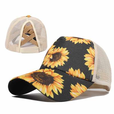 China Messy Trucker Pony Tennis Cap Mesh Women's Buns Dad Hat Hallow Out Ponytail Sunflower Baseball Cap Women Cross JOINT Hat for sale