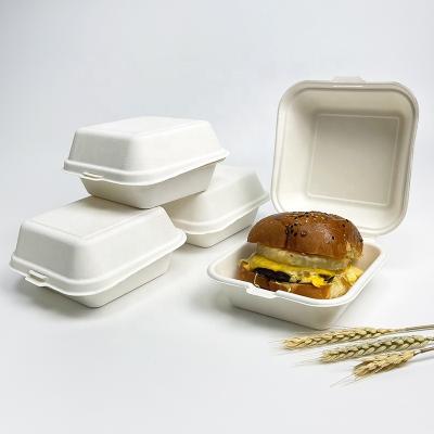 China Clamshell 6x6 Inch Hamburger Clamshell Box Sugar Cane Box Biodegradable Bagasse Disposable Food Lunch Box Compostable Takeout Box for sale