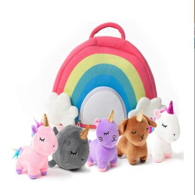 China Custom Play Rainbow Bag with Five Small Animals Unicorn /Dog /Horse/Dolphin Education Plush Toys for Kids Gift for sale