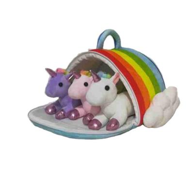 China Game 2022 custom rainbow bag with three purple small white pink unicorn plush educational toys for kids gift for sale