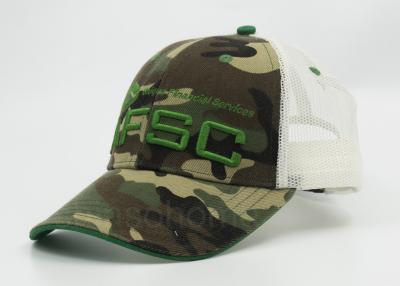 China 3D Embroidered Camo Mesh Trucker Hats 6 Panel Velcro Back Strips for sale