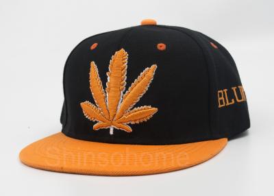 China 6 Panel Acrylic Flat Bill Hats Black Orange With Maple Leaf Logo for sale