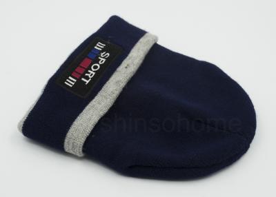 China Patch Embroidery Cotton Blend Winter Beanie Hats Flexible Dark Blue And Grey for sale