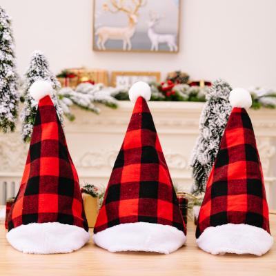 China High Quality Christmas Party Decoration Supplies Plush Brim Plaid Christmas Hat Kids and Adult Christmas Hat for sale