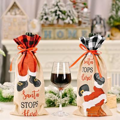 China Christmas Home Decor Santa Claus Chimney Plaid Wine Bottle Bag Rising Champagne Bottle Bag Decoration for sale