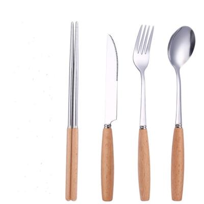 China Japanese tableware stocked with stainless steel handle chopsticks soup spoon wooden fruit knife food spoon western wooden fork spoon for sale