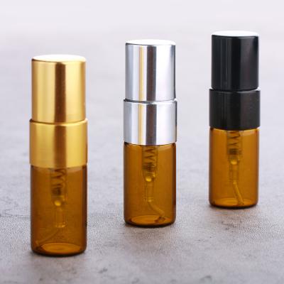 China Mini Perfume Personal Care 3ml Atomizer Bottle Amber Glass Refillable Spray Bottle Aluminum Pump for sale