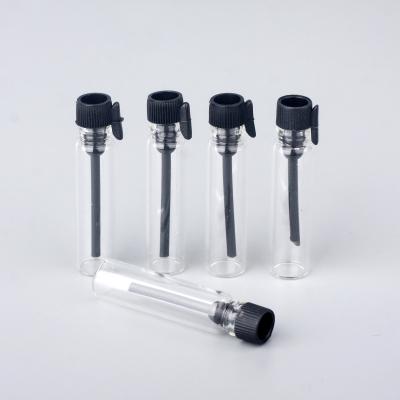 China Personal Care MINI Popular Custom Printing 1ml Clear Glass Vial Bottle Perfume Sample Black Cap for sale