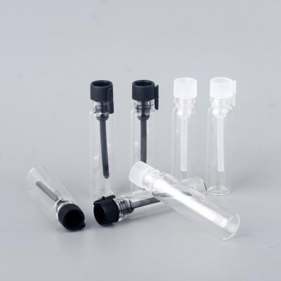 China MINI Popular Personal Care Clear Glass Perfume Sample Bottle Custom Printing Vial 1ml White Black Cap for sale