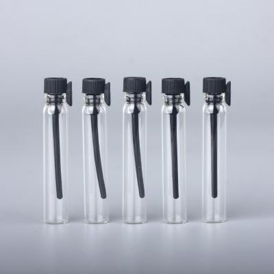 China Personal Care MINI Popular Custom Printing 2ml Clear Glass Vial Bottle Perfume Sample Black Cap for sale