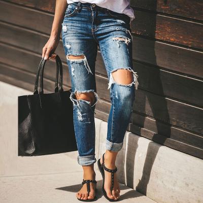 China 2022 NEW ARRIVAL NATURAL SKINNY PENCIL QUICK DRY LOW WAIST FALL PANTS RIPPED HOLE STREET FASHION ZIPPER FLY BUTTON NARROWER WOMEN JEANS for sale