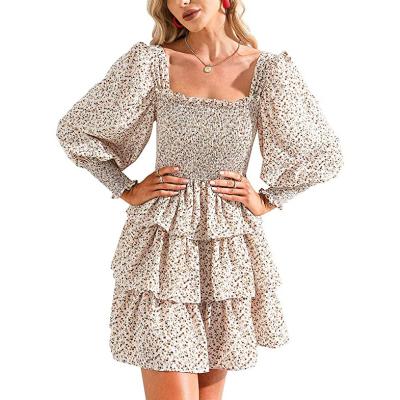 China Women's Clothing Breathable Women's Square Collar Layered Skirt Pleated MiniWomen Long Sleeve Floral Print Dress Sets for sale