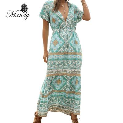 China 2021 Summer New Women's Clothing QUICK DRY Fashion Maxi Standard Wome Sexy Women's Long Print V-Neck Korean Casual Dress for sale