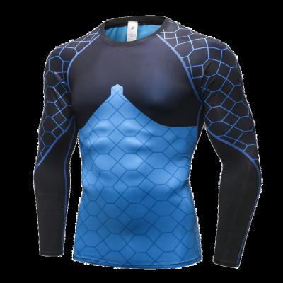 China New Design Anti-Static Gym Shirt Fitness Men Running Shirts Compression Quick Dry Tights Stitching Sports T-shirt Grid Rashgard Stylish Male for sale