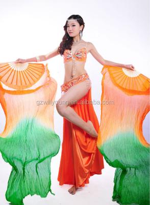 China Silk fan veils 100% Chinese silk belly dance fan veils, ORANGE-GREEN, 180CM, real silk belly dance fans for sale