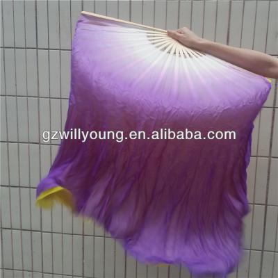 China Silk fan veil real NEWEST 100% silk belly dance fan veils, silk fan veils with double sides, purple/yellow for sale