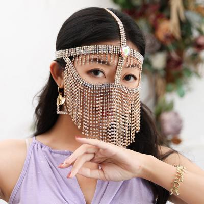 China Dresses Belly Dance Veil Wholesale Silk Metal With Diamonds Belly Dance Face Chain Veil for sale