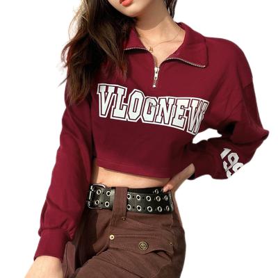 China QUICK DRY Autumn New Women's Fashion Letter Printing Turn-Down Loose Collar Crop Long Sleeve Top Hoodie for sale