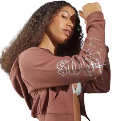 China custom cropped high quality Anti-wrinkle RUYI kangaroo pocket hoodie women rhinestone print crop zip up hoodies for sale