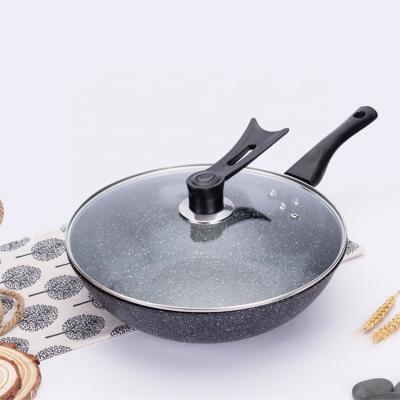 China Factory Direct Sales 32Cm Viable Chinese Marble Coating General Use Deep Woks With Glass Lid for sale