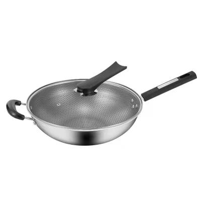 China 403 viable thickened stainless steel wok pan non-stick plastic wok handle with glass cover for sale