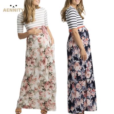 China Breathable 2021 New Arrivals Striped Floral Printing Maxi Dresses Women Maternity Pregnant Tops High Waist for sale