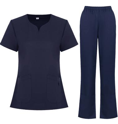 China Hot Sale Formal Nurse Hospital Uniforms Heart Collar Stretch Good Quality Short Pockets Scrubs Joggers Sets Suits for sale