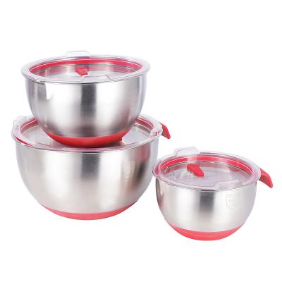 China Sustainable Kitchen Insulated Fruit Salad Dough Bowl Metal Stainless Steel Cake Mixing Bowls 3pcs Set With Airtight Lids for sale