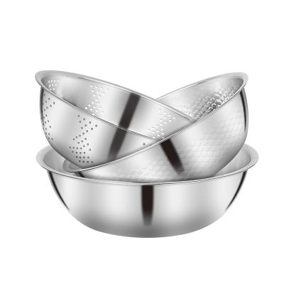 China 3pcs Disposable Multifunctional Salad Mixing Bowl Colander Metal Rice Sieve Bowl Washing Vegetable Gift Set Stainless Steel Basin for sale