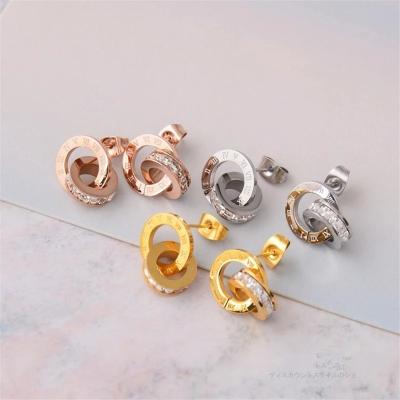 China TRENDY Rose Gold Cubic Zircon Roman Numbers Stud Earring Woman Ladies Jewelry Gift Stainless Steel Earring Factory Wholesale Not to Fade for sale