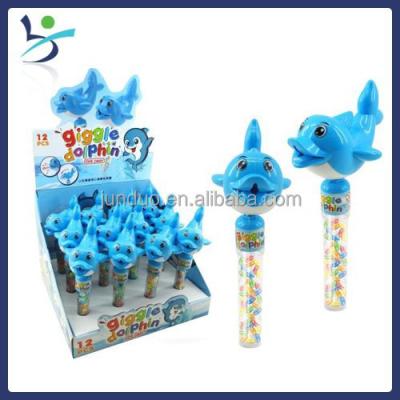 China Cartoon toys toy giggle head noise shaking yo-yo whistle candy toy for wrapping chocolate dolphin figure toy for sale