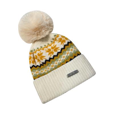 China COMMON Cold Cute Snowflake Girl Hat Sweater Ear Protection Women Wool Ball Outdoor Warm Beanie Knitted Hat for sale