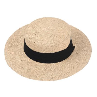 China Luxury Beach Straw Cap With Black Band Straw Hat Women Flat Top Eco-friendly Female Treasure Hat OEM Raw Material Summer for sale