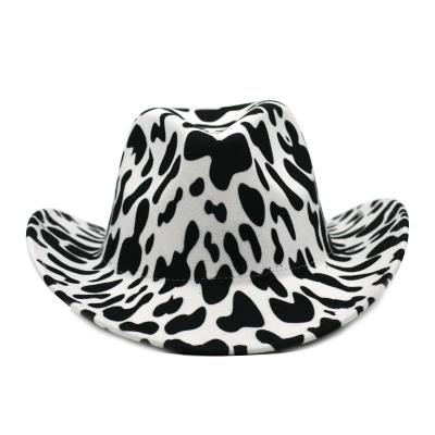 China Wide Brim Jazz Felt Hat Women Vintage Western Panama Fedora Hats Pattern Cowboy Cow COMMON Hat for sale